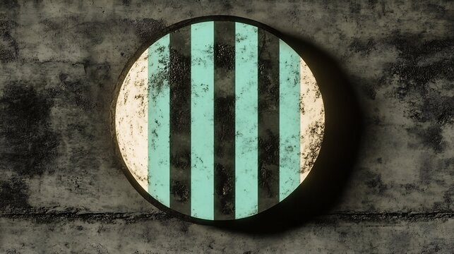 Striped Circular Emblem Glowing Softly Against Dark Textured Wall. AI Generated