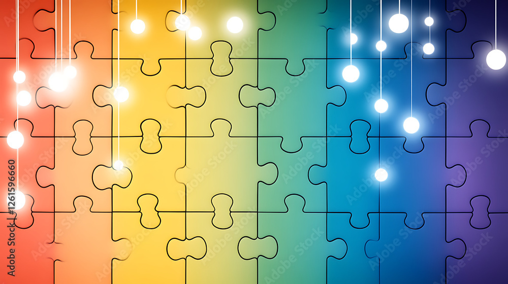 Poster connected spectrum puzzle solution with string lights and gradient background design illustration