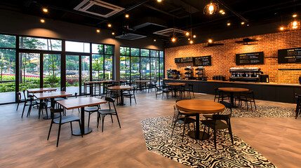 Fototapeta premium Contemporary Cafe Interior With Brick Walls and Tables in a Modern Setting Sunlight Streaming In