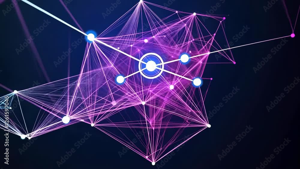 Poster vibrant digital network of interconnected nodes and lines pink and blue hues representing data flow 