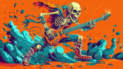Undead Shredder, A skeletal guitarist rocks out in a vibrant, splashy performance, creating a visual spectacle of music and mortality