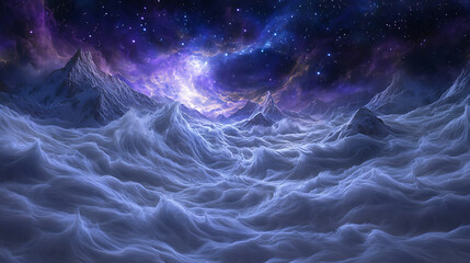 Obraz premium Cosmic Horizon Mountains Above Fog Waves Nebula Galaxy Starry Sky Imaginary Landscape Fantasy Art
