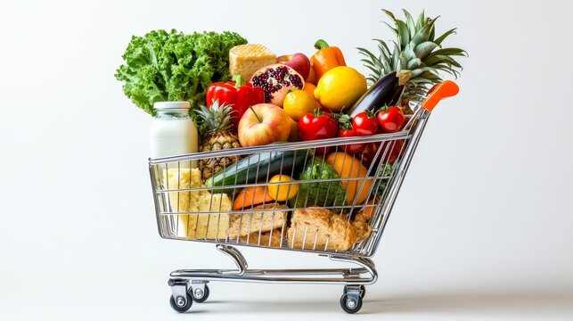 Cart full of groceries vegetables fruits isolated on a white background, World Consumer Rights Day.
