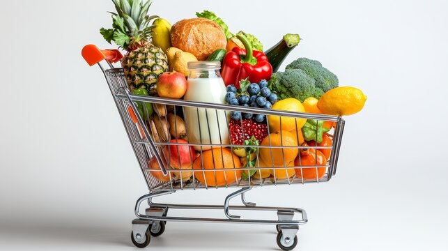 Cart full of groceries vegetables fruits isolated on a white background, World Consumer Rights Day.