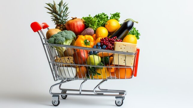 Cart full of groceries vegetables fruits isolated on a white background, World Consumer Rights Day.