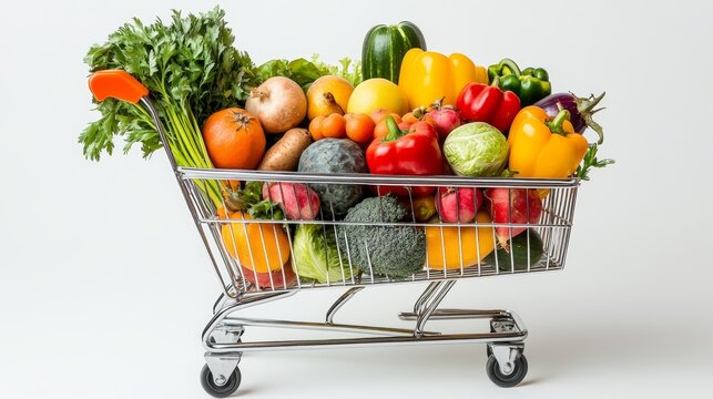 Cart full of groceries vegetables fruits isolated on a white background, World Consumer Rights Day.