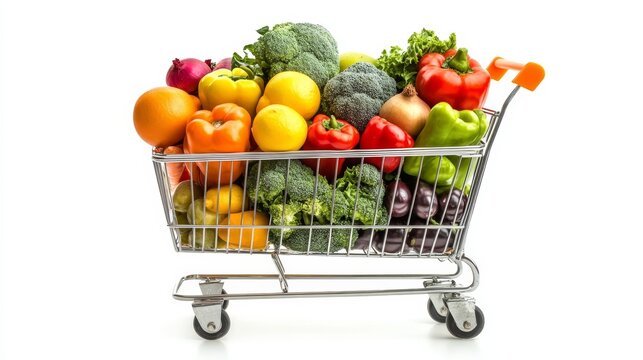 Cart full of groceries vegetables fruits isolated on a white background, World Consumer Rights Day.