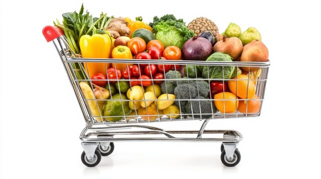 Cart full of groceries vegetables fruits isolated on a white background, World Consumer Rights Day.
