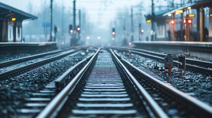 A foggy train station scene with railway tracks leading into the distance.