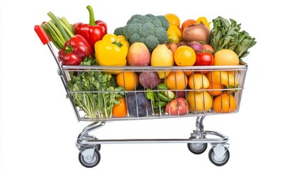 Cart full of groceries vegetables fruits isolated on a white background, World Consumer Rights Day.