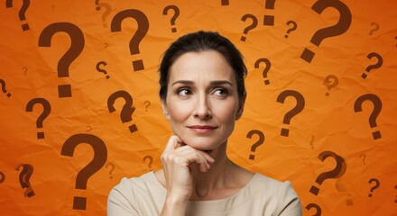 Thoughtful woman surrounded by question marks on orange crumpled