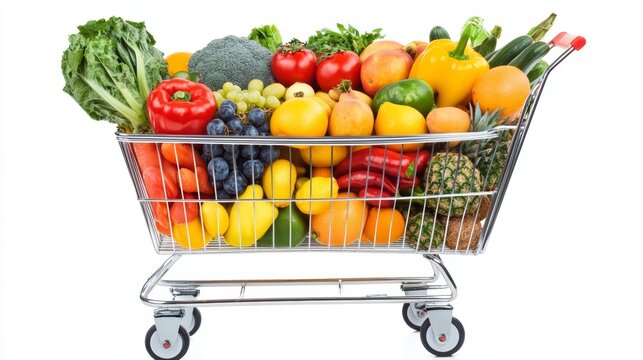 Cart full of groceries vegetables fruits isolated on a white background, World Consumer Rights Day.