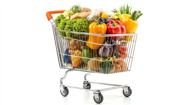 Cart full of groceries vegetables fruits isolated on a white background, World Consumer Rights Day.