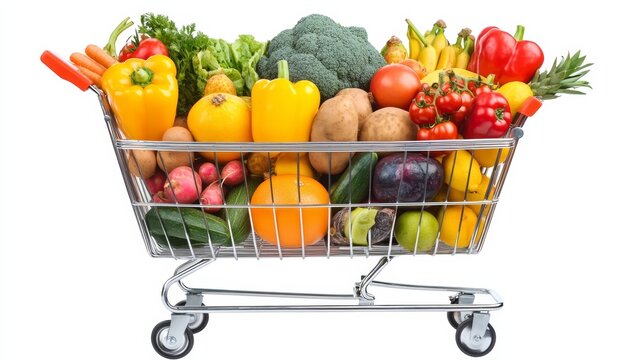Cart full of groceries vegetables fruits isolated on a white background, World Consumer Rights Day.