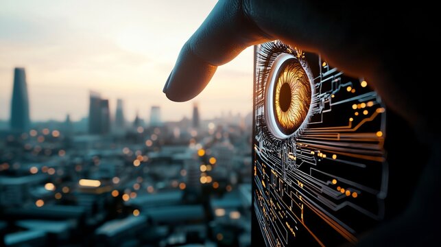 Futuristic eye scanning on a smartphone over a city