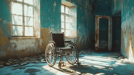 Abandoned wheelchair in a derelict building.