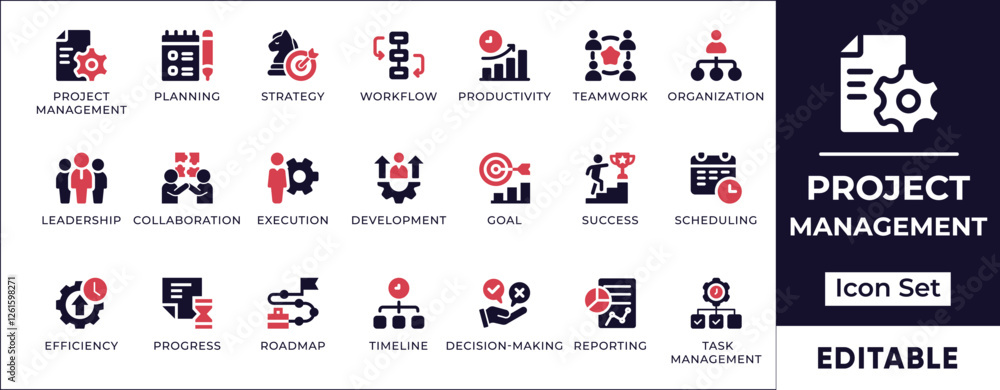 Poster flat project management icon set featuring task organization, workflow optimization, strategic plann