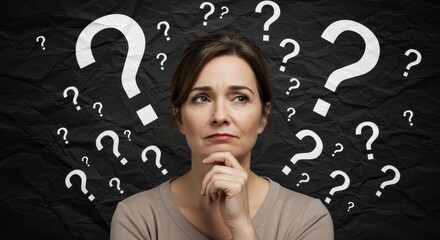 Thoughtful woman surrounded by question marks on black crumpled
