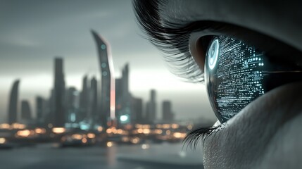 Futuristic eye sees a city skyline,  AI vision