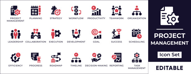 Project management icon set. Featuring collaboration, efficiency, evaluation, goal, leadership, management, meeting, and monitoring. Perfect for teamwork and collaboration projects.