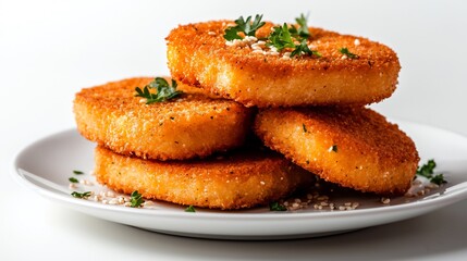 Golden Crispy Fried Nuggets Stacked on a White Plate with Herbs