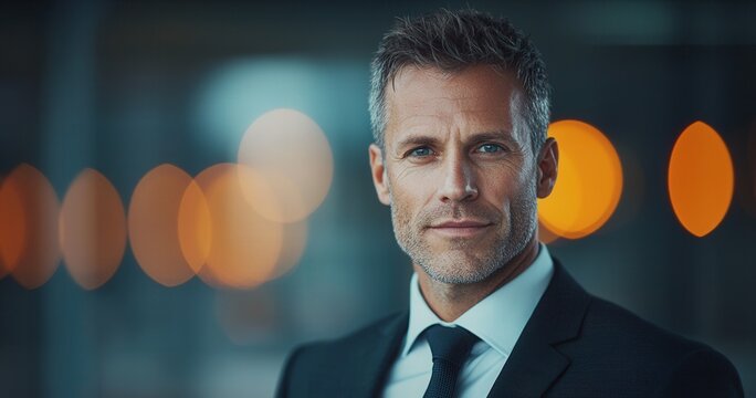 a confident and visionary man business man, in sute and tie, copy space