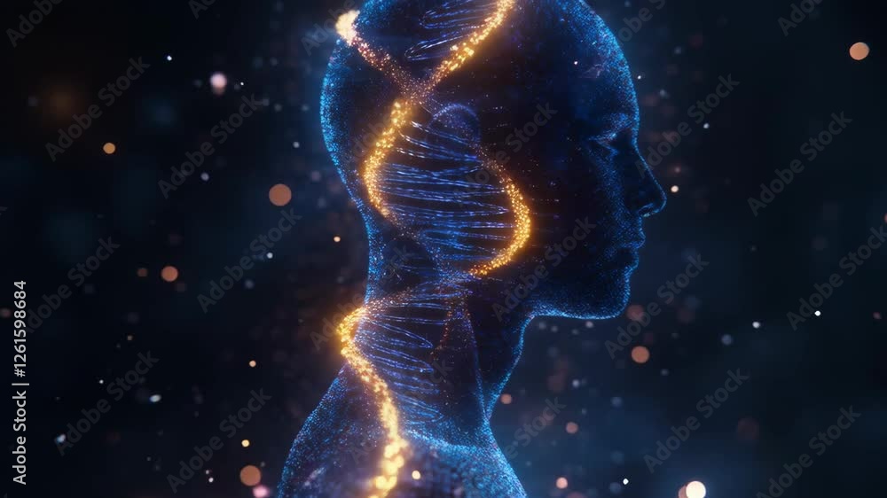 Poster glowing dna structure rotating in dark space with light particles. digital genetic code visualizatio