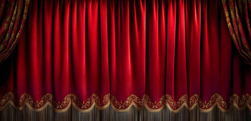 Theatre red velvet curtain with elegant gold pattern and fringe at the bottom edge.