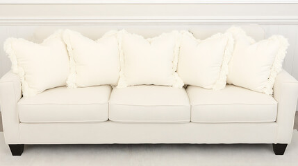 Obraz premium Cream Sofa with Fringe Pillows in Neutral Modern Interior Home Setting Luxury Decorative Cushions