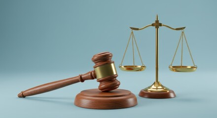 Gavel and law, scales on isolated background, justice concept