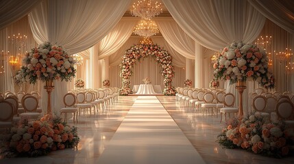 Grand marriage hall with elegant chandeliers and white drapery featuring rows of beautifully arranged chairs and a floral arch at the end of the aisle