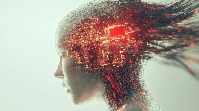 "explore the futuristic fusion of ai and human consciousness through captivating digital art, abstract portrayals, and innovative sci-fi visions featuring ai, cyborg, and technological brains"