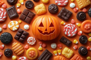Halloween candy pumpkin flatlay