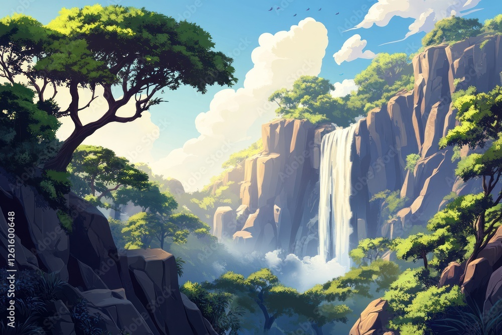 Poster a dynamic jungle setting for a video game, with coniferous trees and a dramatic waterfall in the dis