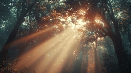 Fototapeta premium Sunlight breaking through dense trees enchanted forest nature photography serene atmosphere low angle tranquil beauty