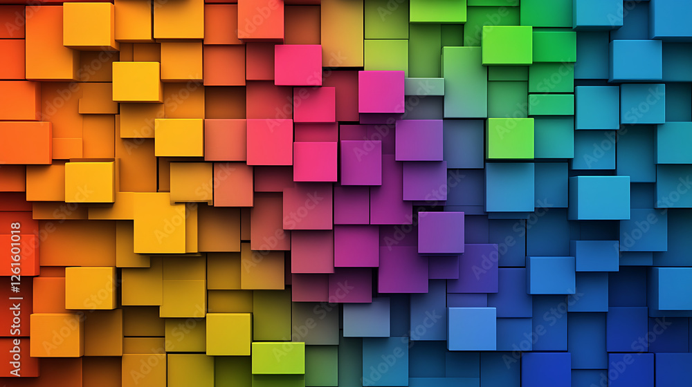 Poster cubes spectrum array multicolored block arrangement geometric abstract 3d render vibrant design