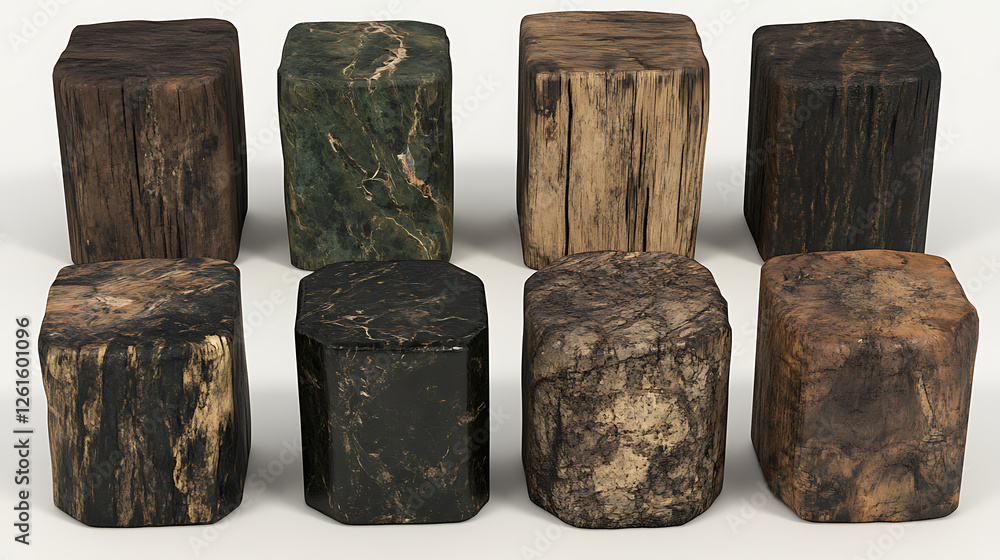 Poster cuboid blocks of varied textures square forms in row of eight different material type collection