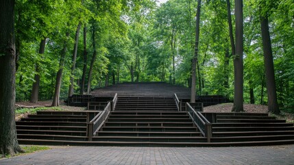 A stadium-style staircase in an outdoor amphitheater with an empty stage.