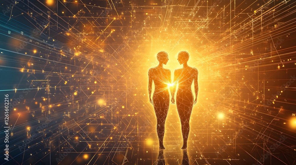 Poster digital network with glowing human figures and abstract data streams