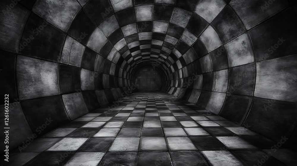 Poster dark checkerboard tunnel illusion perspective geometric space with abstract shadow and light design