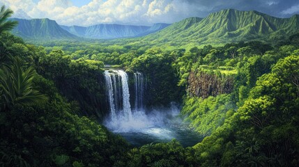 Fototapeta premium Lush Waterfall in Tropical Valley, Dramatic Mountains Background, Nature Scene, Travel Poster