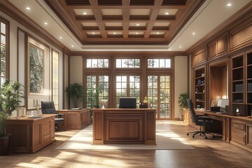 spacious office with high ceilings and wooden desks