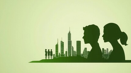 Silhouetted People Against a Green City Skyline Background
