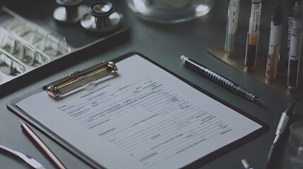 A stylish clipboard with a health insurance form on a doctor's desk.