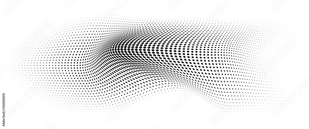 Poster flowing wave dot halftone pattern: curve gradient shape on transparent background. suitable for ai, 