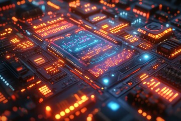 Obraz premium Futuristic CPU glowing, circuit board background, technology concept