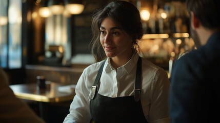Female waitress attending to a VIP customer, ensuring high-level service in an upscale restaurant