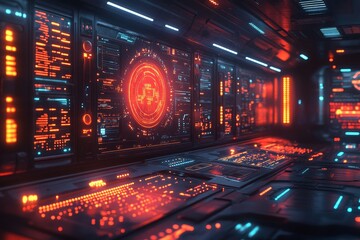 Obraz premium Futuristic spaceship control room; red alert