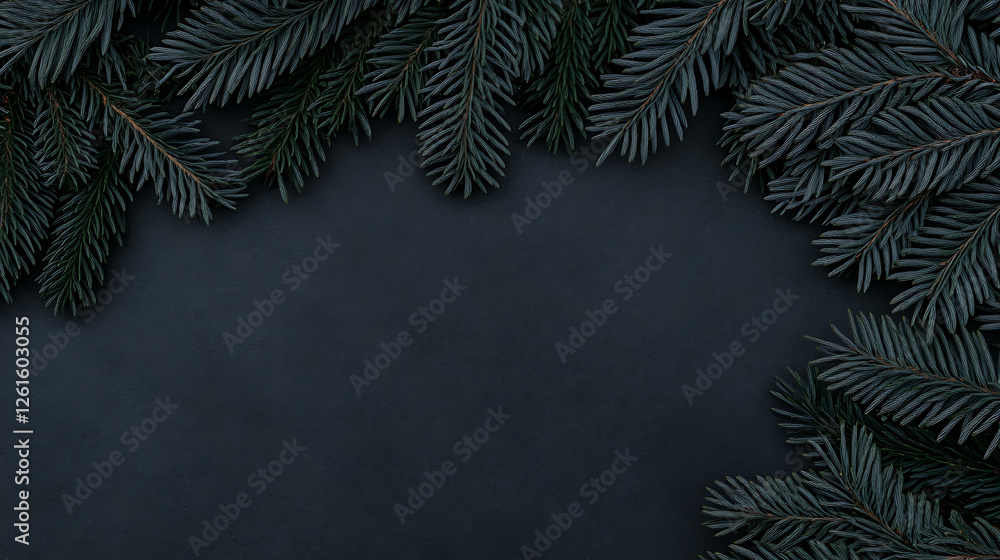 Poster Dark Evergreen Spruce Boughs Border Frame on Slate Surface Background Backdrop Overlay Image