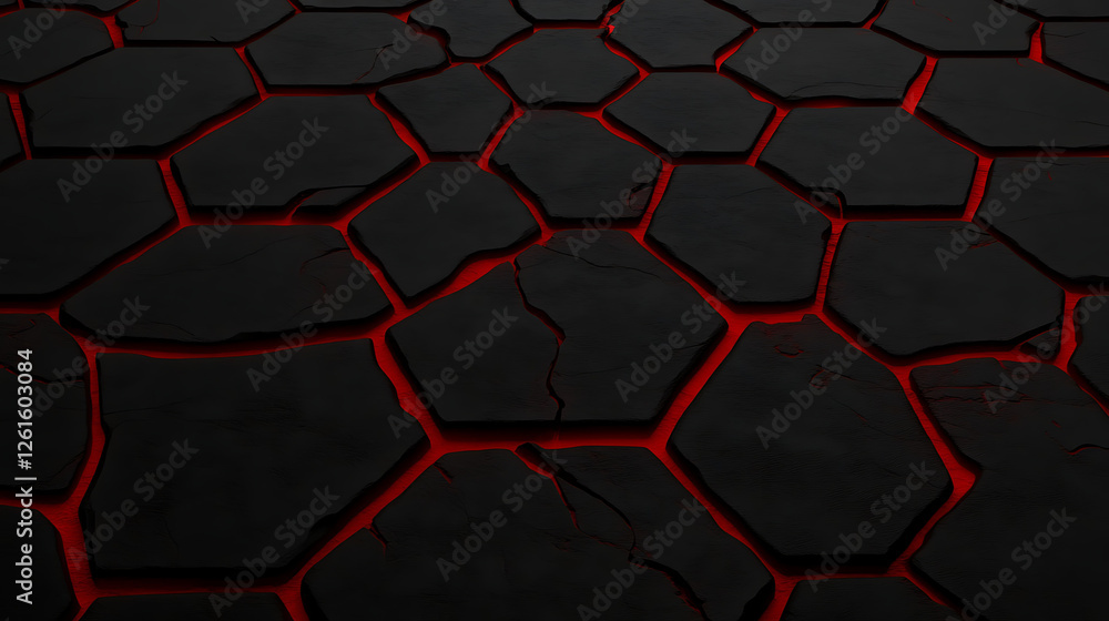 Poster dark hexagonal stone formation with glowing red cracks abstract geological tectonic pattern